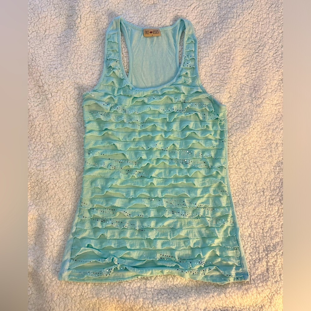 Women’s seafoam green, sparkle ruffles tank. LARGE